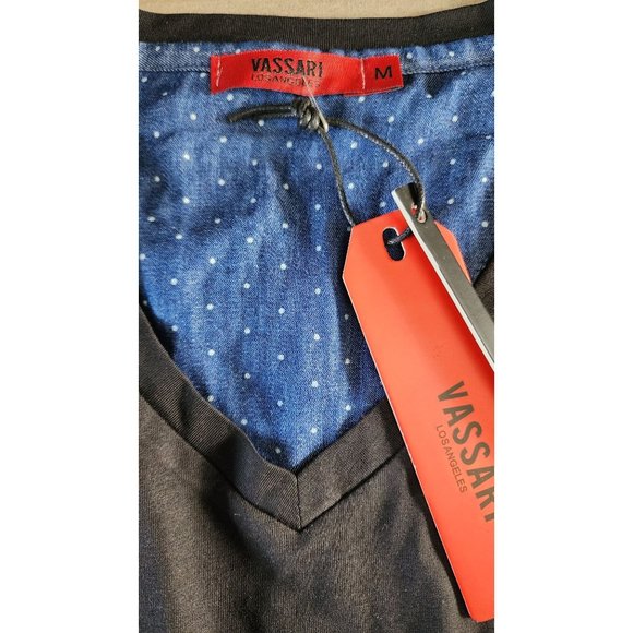 Vassari Los Angeles Men's Med Black V-Neck Designer Shirt Rare Blue Faux Leather - Picture 14 of 15